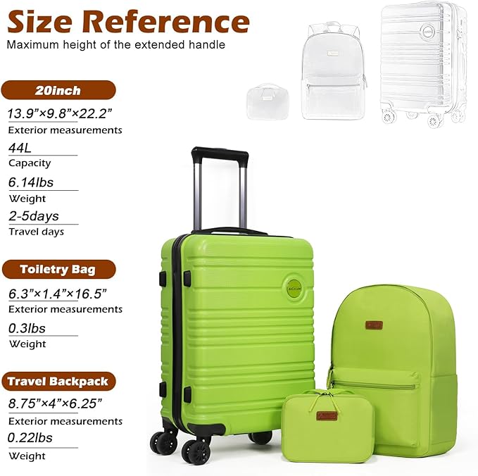 ABS+PC Carry on Luggage set with backpack 3 Pcs suitcace with Spinner wheels TSA Lock 20-In hardshell Lightweight Luggage set (Lime)