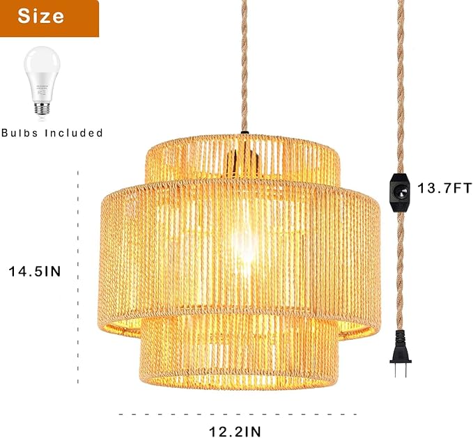 QIYIZM Plug in Pendant Light Hanging Lights with Plug in Cord Boho Hanging Lamp Dimmable,Rattan Wicker Woven Bamboo Lamp Shade, Plug in Ceiling Light Fixture for Living Room Bedroom Kitchen