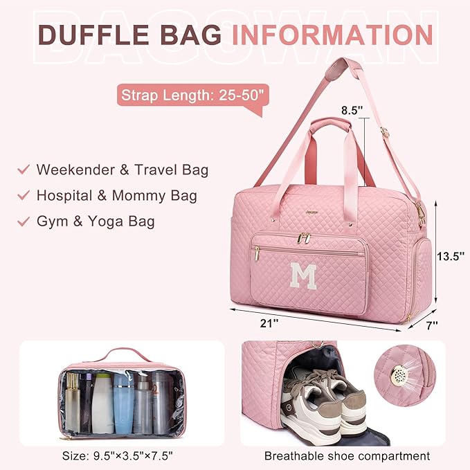 Initial Travel Duffle Bags for Women - Personalized Weekender Bag with Shoe Compartment Overnight Bags with Toiletry Bag Hospital Bag for Women Birthday Gifts for Mom Wife Friends Pink (Letter M)