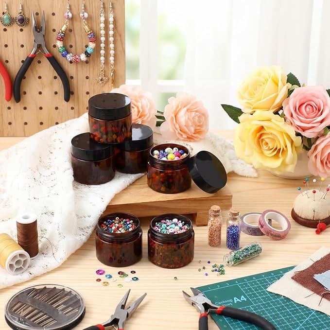 Patelai 4 Pieces Round Wide-mouth Leak Proof Plastic Container Jars with Lids for Travel Storage Makeup Beauty Products Face Creams Oils Salves Ointments DIY Making(2 Ounce,Amber)