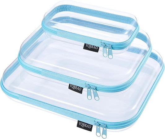 YQBRAO 3 Pack Hard Sided Clear Zipper Case for Storage- Thickened-Grade Clear Hard Shell Zipper Case for Organizing Bead, Handicrafts, Sewing, Playdo (Blue, LMS)
