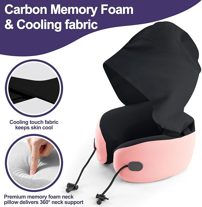 Neck Pillow for Travel, Premium Carbon-Infused Memory Foam, Cooling Fabric Pillow for Airplane, 360° Neck Support for Long Flights, Hooded Travel Pillowl for Planes, Cars and Office, Hooded, Pink