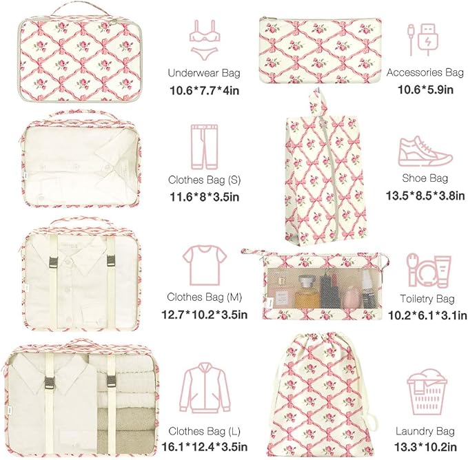 8 Set Packing Cubes for Suitcases,Packing Cube with Shoe, Cosmetics, Clothing, and Accessories Bags Packing Cubes for Travel Luggage Organizer Women Men(Bow Flowers)