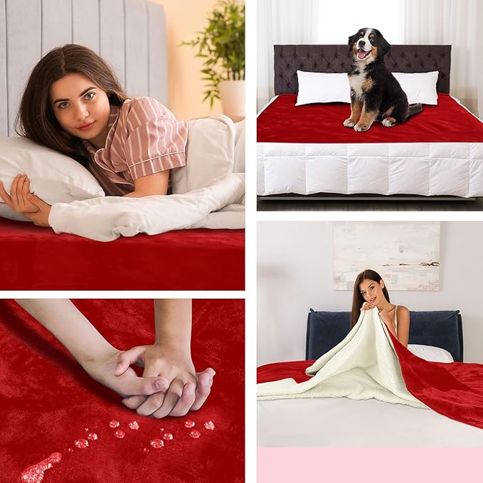 Waterproof Blanket and Stain Proof, Queen Size 80'' x 60'' Double Side Leakproof Reversible Sherpa Flannel Fleece 3 Layer Lightweight Red Blanket, Absorbs 50oz