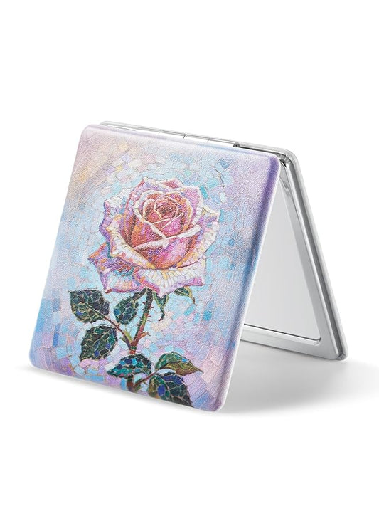 OMIRO 1X/3X Magnifying Mirror, Unique Painting Compact Mirror with Classical PU Leather (Pink Rose)