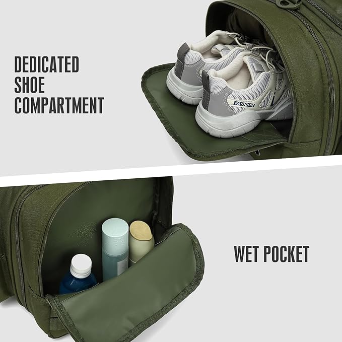3 in 1 Tactical Travel Duffle Bag Backpack for Men Women 40-45L Expandable Gym Bag & Sport Duffel Bags for Travel with Shoe Compartment & Wet Pocket, Weekend Overnight bag for Caming, Green