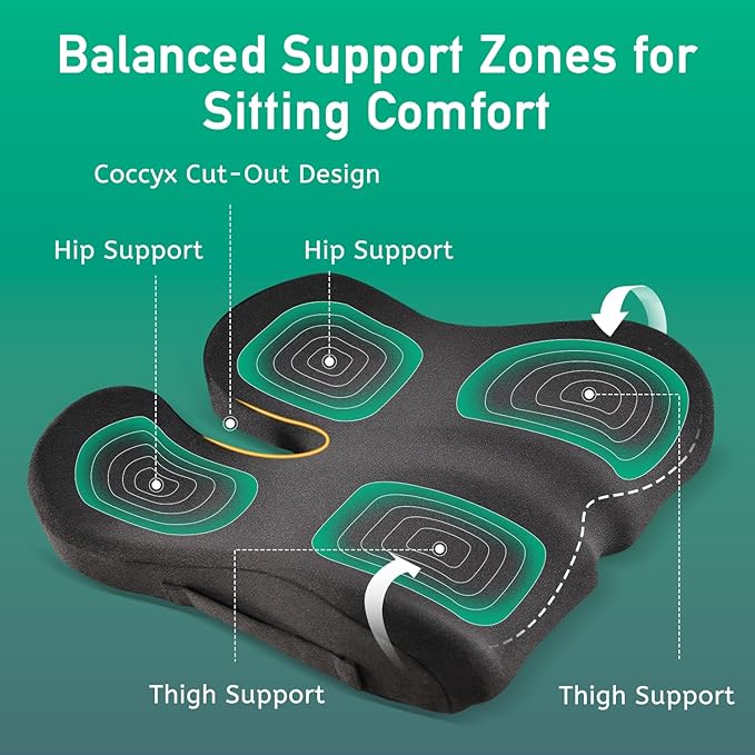 Ergonomic Seat Cushion for Office Chair – High-Density Memory Foam Support with U-Shaped Coccyx Cut-Out, Stable Comfort for Long Sitting, Enhanced Non-Slip Bottom & Washable Cover