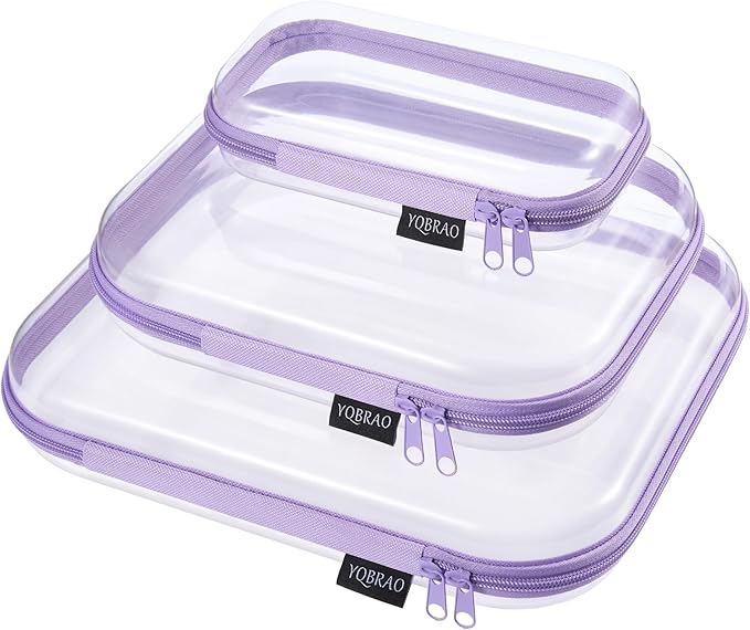 YQBRAO 3 Pack Hard Sided Clear Zipper Case for Storage- Thickened-Grade Clear Hard Shell Zipper Case for Organizing Bead, Handicrafts, Sewing, Playdo (Purple, LMS)