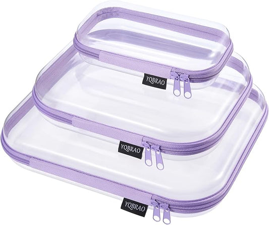 YQBRAO 3 Pack Hard Sided Clear Zipper Case for Storage- Thickened-Grade Clear Hard Shell Zipper Case for Organizing Bead, Handicrafts, Sewing, Playdo (Purple, LMS)