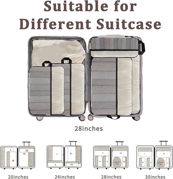U+U 6 Set Compression Packing Cubes - Ultralight Cream Travel Organizers with Laundry Bag, Space-Saving Suitcase Organizer, Expandable Packing Cubes for Travel and Family Vacation (Cream)