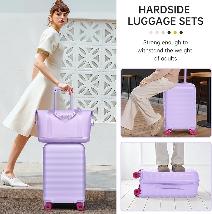 Luggage Sets 3 Piece, Carry On Luggage 22x14x9 Airline Approve PC Hardside Suitcase Set with Wheels TSA Lock, Durable Carry-On Suitcase with Duffel Bag for Women (Lavender)