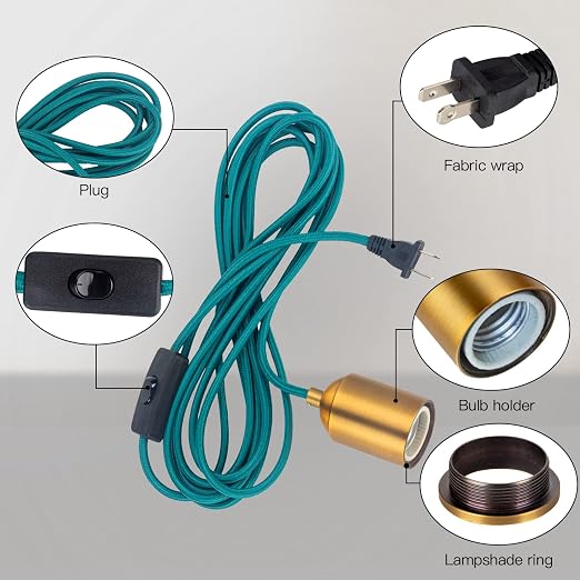 Teal Hanging Lamp Cord 15FT, Plug in Swag Light Kit, 2-Pack | Two independent hanging cords, 18AWG wire, porcelain E26 sockets, gold aluminum shells