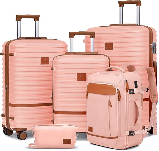 Joyway Expandable Luggage Sets 5 Piece, Lightweight Hard Shell Travel Suitcase Set with Spinner Wheels and TSA Lock (5 piece set，Pink)
