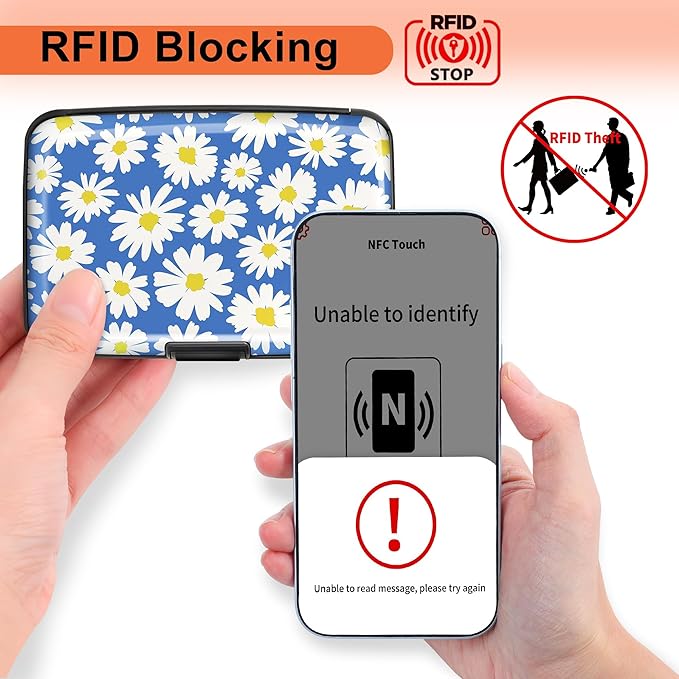 Mayski Credit Card Holder, RFID Blocking, Aluminum Alloy Hard Case, Small Mini Business Metal Wallet for Women Men, Daisy