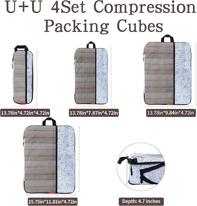 U+U 4 Set Compression Packing Cubes - Ultralight Travel Organizers, Space-Saving Suitcase Organizer, Expandable Packing Cubes for Travel, Business Trip and Family Vacation (Blue Flower)