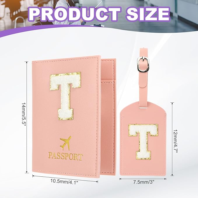 PATIKIL Passport Holder for Travel, Initial Passport Cover and Luggage Tag Set with Alphabet Chenille Letter Patch Travel Wallet Bag Suitcase Identifier for Women Family Travel Pink T