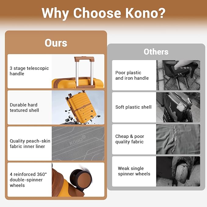 Kono Expandable 28 Inch Luggage with Spinner Wheels, Large Checked Luggage with TSA Lock, Lightweight & Anti-Scratch PC+ABS Hardshell Travel Suitcase, Yellow/Brown