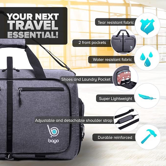 Bago Compact Duffle Bag for Travel Women & Men. Durable Lightweight Foldable Travel Duffel Bags For Traveling Women. 40L Duffle Bags a Reliable Weekender duffel or Overnight Bag With Shoe Compartment