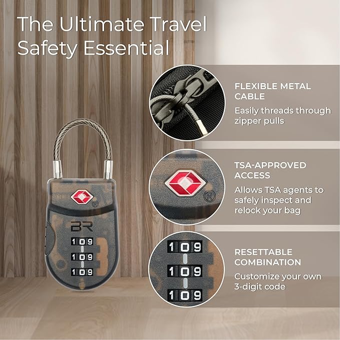 Briggs & Riley TSA Approved Cable Lock for Luggage & Suitcases - Travel Lock, 3 Digit Combination, Flexible Cable for Zippered Bags - Luggage Accessories, Smoke