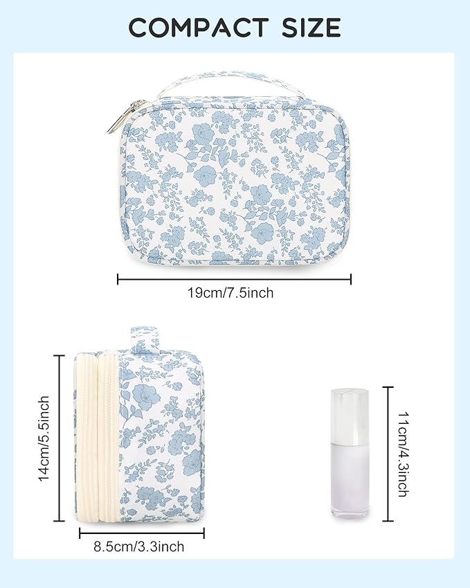 Relavel Travel Makeup Bag, Mini Floral Cosmetic Bag with 2 Makeup Brush Holders, Portable Makeup Pouch for Women, Cute Toiletry Bag with Double Layer Organizer, Blue Flower-Smaller