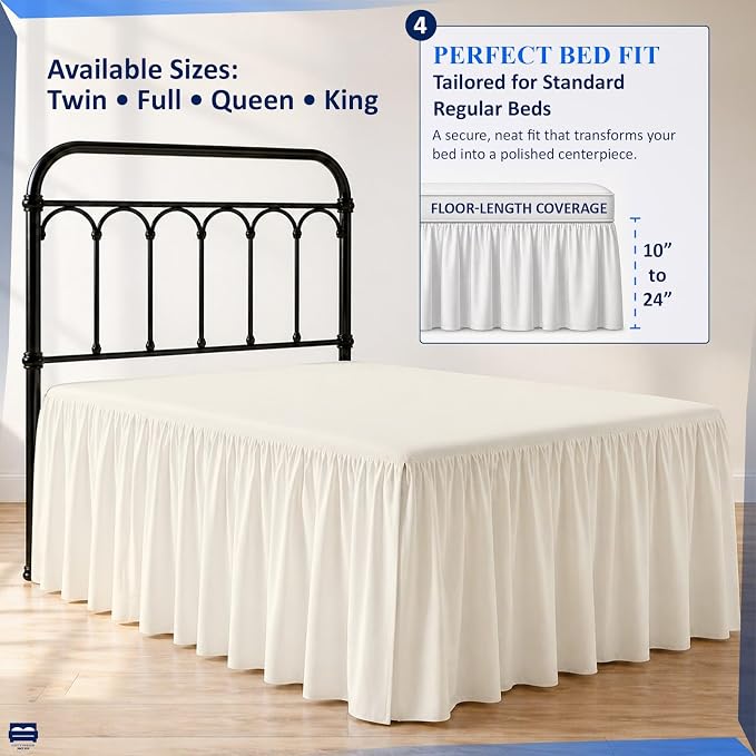 Ruffled Bed Skirt with Split Corners-Dust Ruffle - 21" Drop 100% Microfiber Soft,Sheen & Luxurious Look - Bed Skirts (Ivory -King)