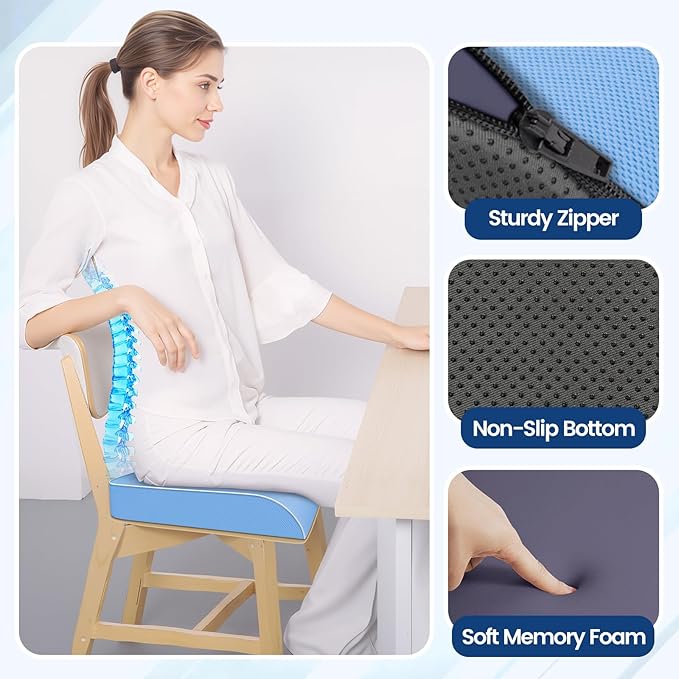 Seat Cushion for Tailbone Pain Relief, Office Chair Cushion, Memory Foam Large Chair Cushion with Non-Slip Cover for Soft Support at Office Chair, Car Seat, Airplane Light Blue/Large