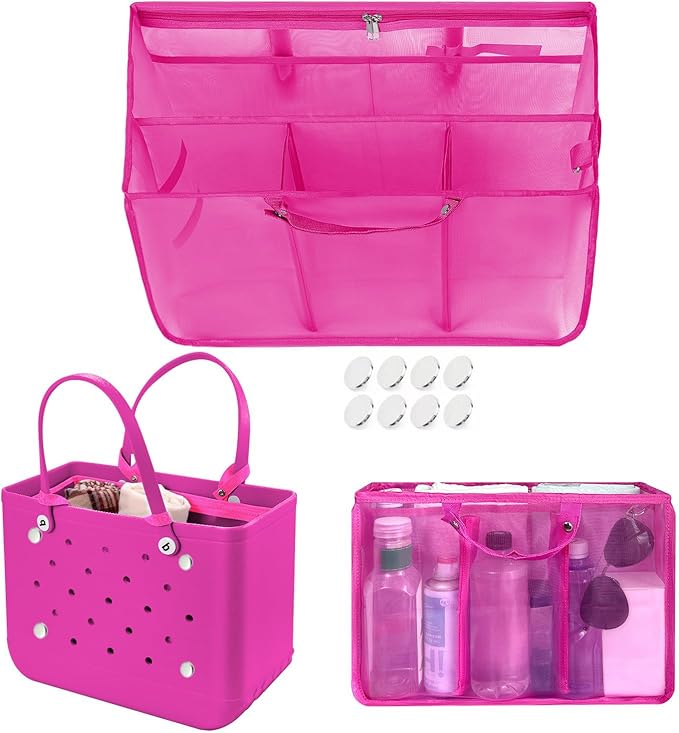 XYFuuee Beach Bag Organizer Inserts for Baby Medium Bogg Bag Accessories with 8 Removable Metal Fasteners, Lightweight Mesh Insert Divider Pouch, Organizing Rubber Tote, Save Storage Space, Hot Pink M