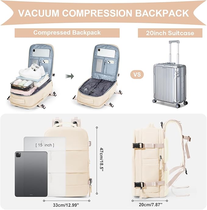 coowoz Vacuum Backpack Travel with Pump,Travel Backpack with Vacuum System For Women Men,Carry On Backpack,Hiking Backpack Waterproof Outdoor Sports Rucksack Casual Daypack,30L(Vacuum pump),Beige