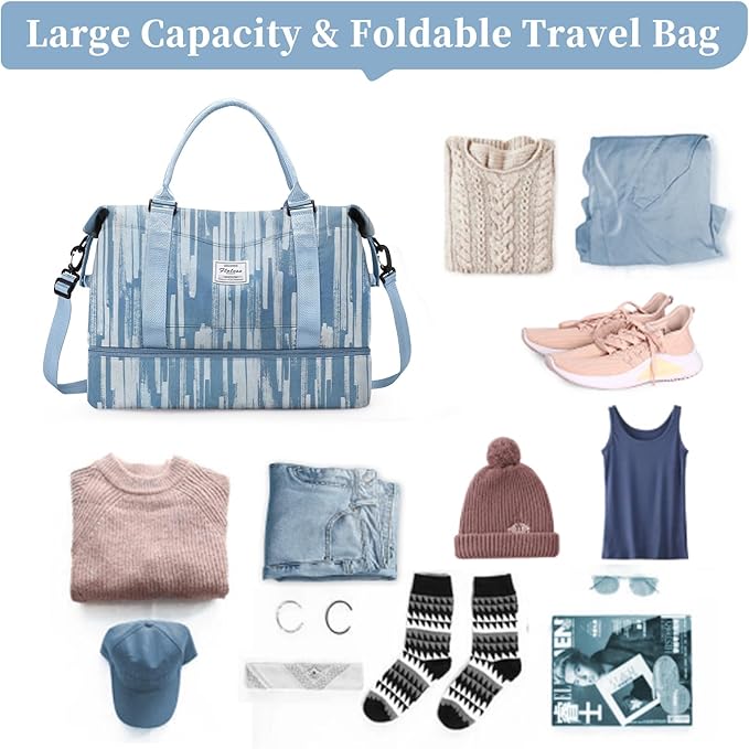 Weekender Bags for Women,Personal Item Travel Bag with Shoes Compartment,Overnight Travel Duffel Bag with Toiletry Bag,Denim Print