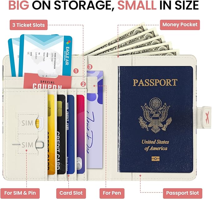 Passport Holder for Travel Essentials, RFID Blocking Leather Cover Wallet with Magnetic Closure, Aesthetic & Cute Passport Book Case for Women and Men - Seashell