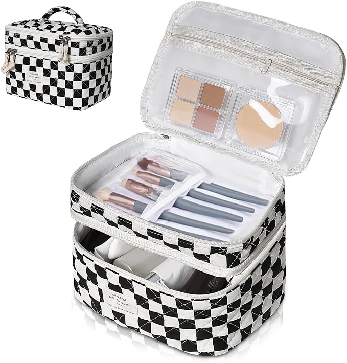 Makeup Bag, Portable Travel Make up Bag, Large Capacity Quilted Cosmetic Organizer Bag, Cute Floral Toiletry Bag for Women Girls