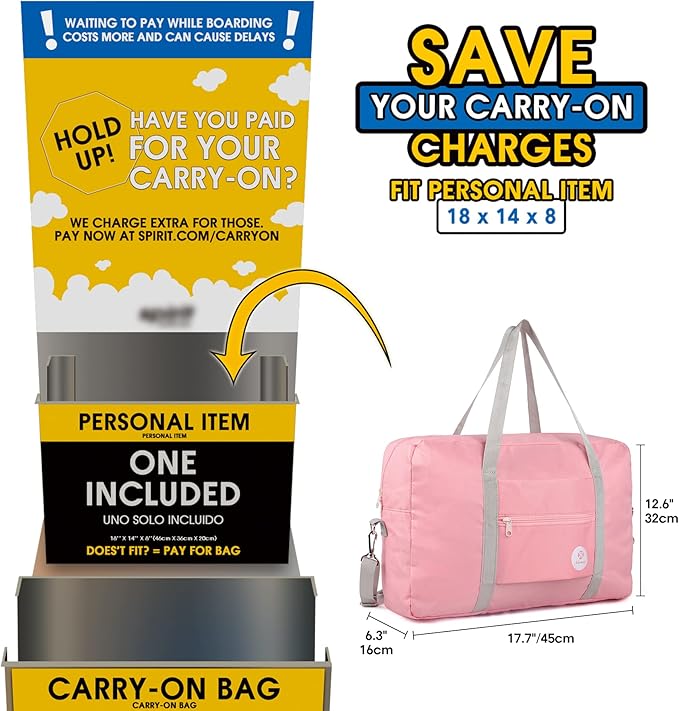 For Spirit Airlines Personal Item Bag 18x14x8 Foldable Travel Duffel Bag Tote Carry on Luggage Duffle Overnight for Women and Men