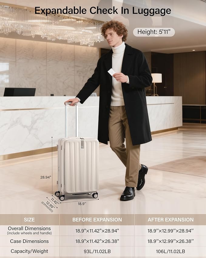 Hanke 26 Inch Expandable Luggage Top Opening Checked Bag Luggage Hard Shell Suitcases with Wheels Lightweight Travel Luggage Heavy Duty Luggage Suitcase with Lock for Woman Men-Ivory White