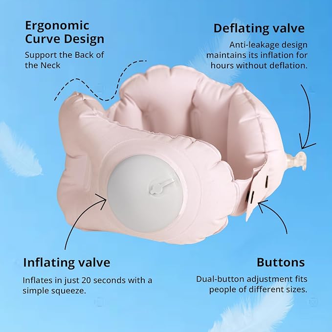 Ultralight Inflatable Travel Neck Pillow Press to Inflate Leak-Proof Design Compressible Adjustable Neck Support for Airplane Camping Driving Sleeping Business Trip Long Flights (Pink, Medium)