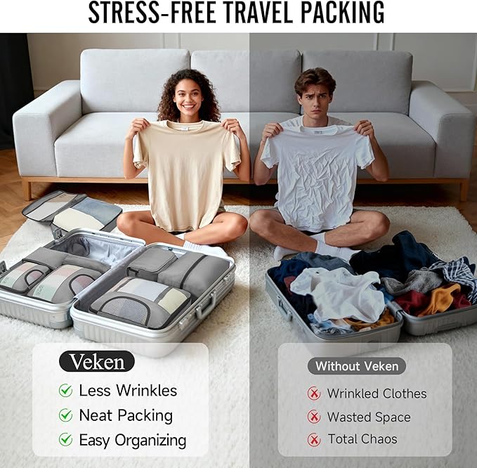 Veken 10 Set Packing Cubes for Travel Essential, Suitcase Organizer Bags in 4 Sizes, Carry-On Luggage Accessories with Large Laundry & Hanging Toiletry Bag, Must-Have for Airplane, Road Trip & Camping
