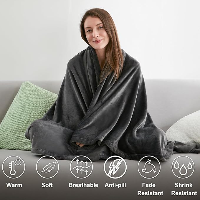Hansleep Fleece Charcoal Full Blanket, Super Soft Flannel Fuzzy Plush Cozy Blanket for All Seasons, Charcoal, Full 84x90 Inches