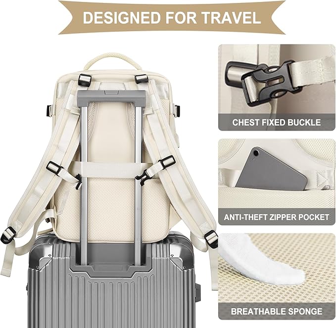 coowoz Large Travel Backpack For Women Men,Carry On Backpack Flight Approved,Hiking Backpack Waterproof Outdoor Sports Rucksack Casual Daypack Fit 15.6 Inch Laptop Shoes Compartment（Off White）
