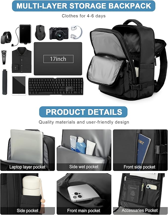 VGCUB Large Travel Backpack Bag for Women Men,Carry on Backpack,17 Inch Laptop Business Work Waterproof Backpack with Laptop Compartment,Person Item Flight Approved,Mochila de Viaje,Black Large