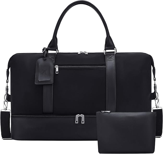 Oeihuivt Weekender Bags for Women - 21 Inch Large Travel Duffel Bag 2-Piece Set with Shoe Compartment, Heavy-Duty Canvas Leather Carry On Overnight Tote