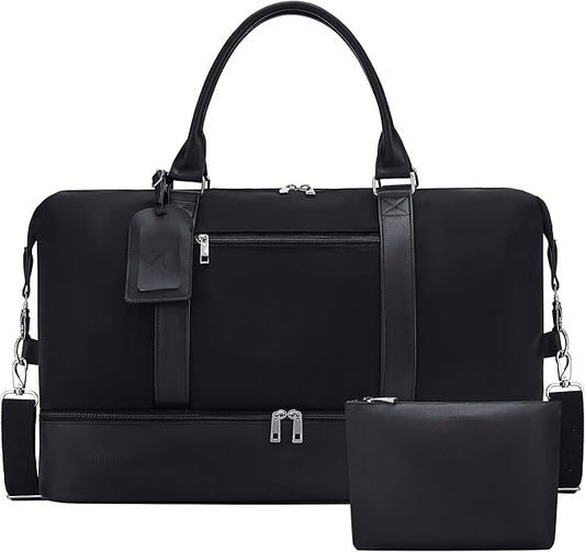 Oeihuivt Weekender Bags for Women - 21 Inch Large Travel Duffel Bag 2-Piece Set with Shoe Compartment, Heavy-Duty Canvas Leather Carry On Overnight Tote