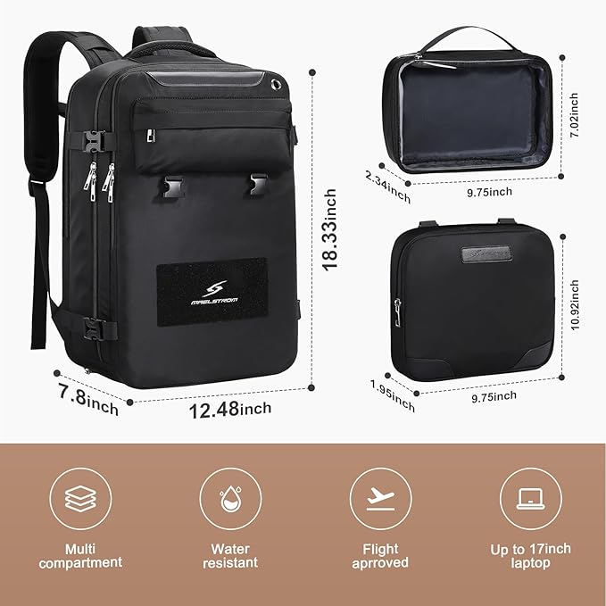 Maelstrom Travel Backpack for Women Men,35L Laptop Backpack Fits 17-Inch Laptop,Carry On Backpack for Airplanes with Crossbody Bag&Shoe Compartment&Toiletry Bag (Black With Toiletry Bag, Large)