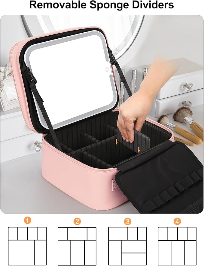Relavel Makeup Bag with LED Mirror, Small Travel Makeup Case with Rechargeable Lighted Mirror 3 Color Lights, Double Layer Cosmetic Box Makeup Brush Lipstick Holder Organizer for Women, Pink