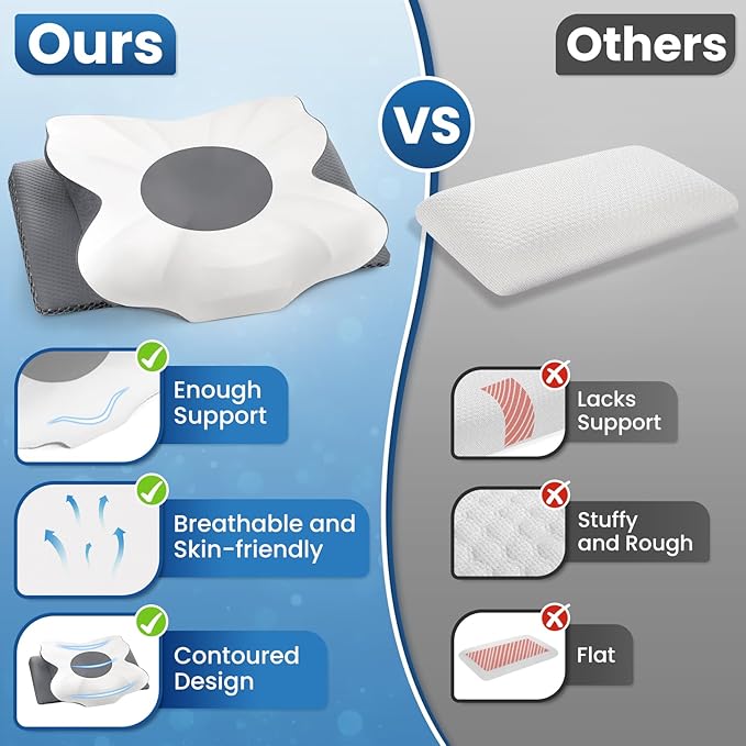 Cervical Neck Pillow for Sleeping – Memory Foam Bed Pillow for Neck Support, Orthopedic Contour for Side & Back Sleepers, Breathable & Cooling Cover, CertiPUR-US Certified, Grey, Queen Size