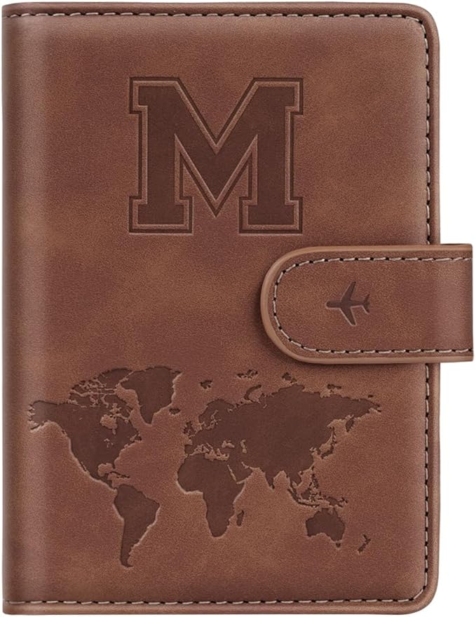 Passport Holder Wallet Cover Personalized Letter A-Z Travel Wallet RFID Blocking Passport Cover Wallet Case for Travel Passport Book Holders for Women and Men, Brown-M