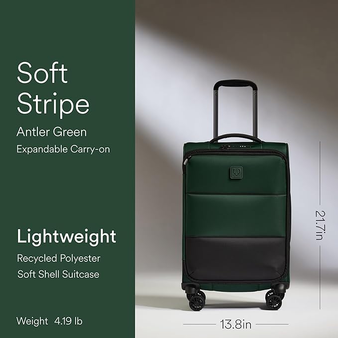 ANTLER - Soft Stripe Carry On Luggage 22x14x9 Airline Approved - Cabin Suitcase with Expander, Adjustable Handle, 4 Spinner Wheels, Lightweight, TSA Lock - Recycled Polyester Luggage - Antler Green