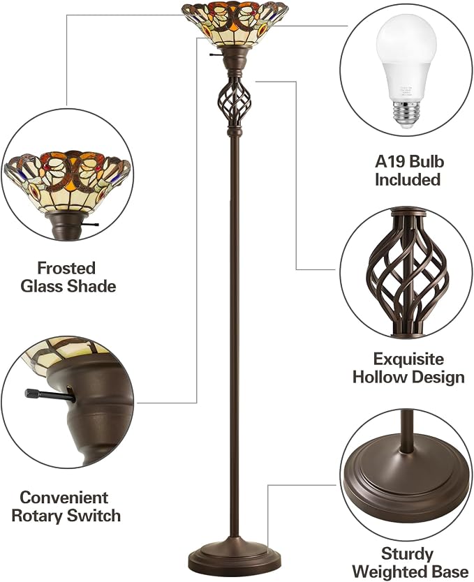 Tiffany Floor Lamp Torchiere Floor Lamp with Stained Glass 71 Inch Tall Floor Lamp Standing Reading Light Floor Lamp for Living Room Corner Bedroom Home Office, Bulbs Included