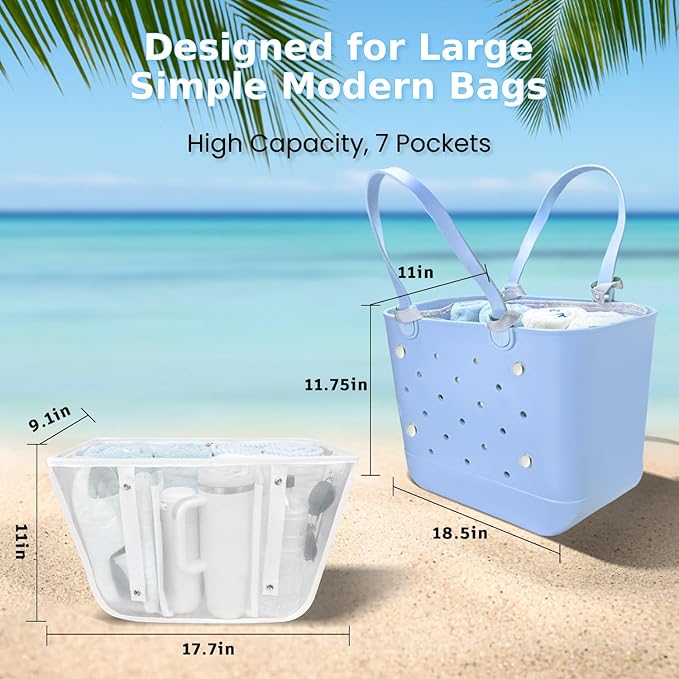 XYFuuee Beach Bag Organizer Inserts for Large Simple Modern Bag Accessories, with 8 Removable Metal Fasteners, Lightweight Mesh Insert Divider Pouch, Organizing Rubber Tote, Save Space, White