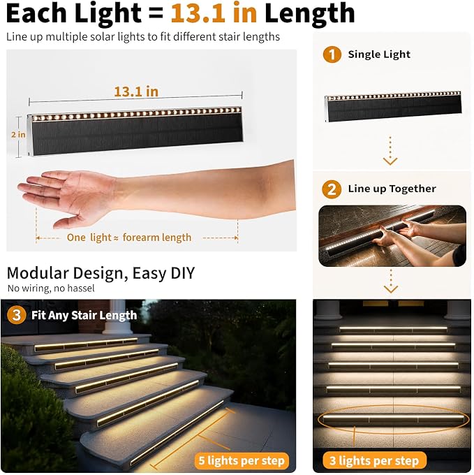 Solar Step Lights Outside, 33 Focused LEDs, Stair Light, 2PK | Downward Lighting, High Brightness, Modular, Waterproof Aluminum, Risers, Deck, Curbsides, Planter Edges, Warm White, 3000K