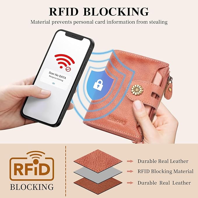 Wallet Women,RFID Blocking Leather Womens Wallet Bifold Compact Card Holder Small Wallet for Women with Removable ID Window Pink