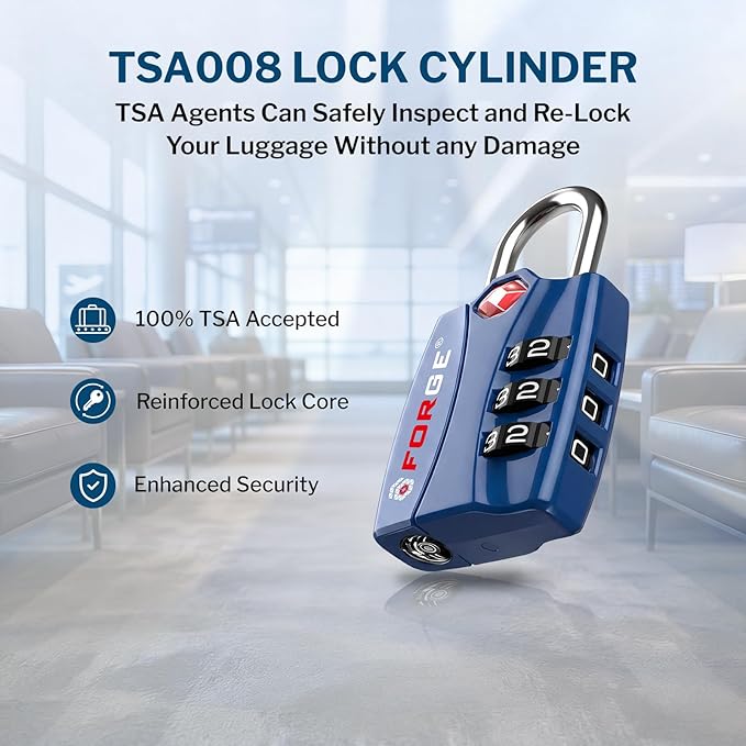 Forge Open Alert TSA Approved Luggage Locks - 3 Digit Combination, Easy Read Dials, Zinc Alloy Body - Ideal Travel Lock for Luggage, Suitcases, Bags & Toolboxes (Blue 4Pk)